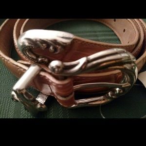 Tan Leather Embossed Belt with Silver Tone Buckle